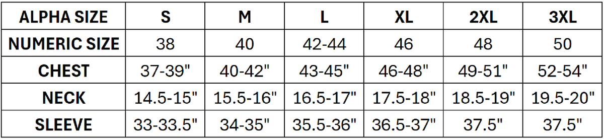 Size chart for Peter Millar Perth Sugar Stripe Performance Quarter-Zip