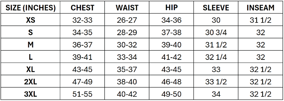 Size chart for Women's Challenger Jacket