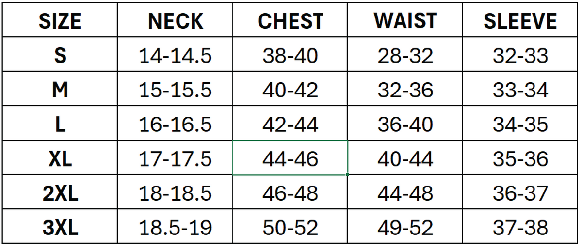 Size chart for Johnnie-o Motion Performance 1/4 Zip